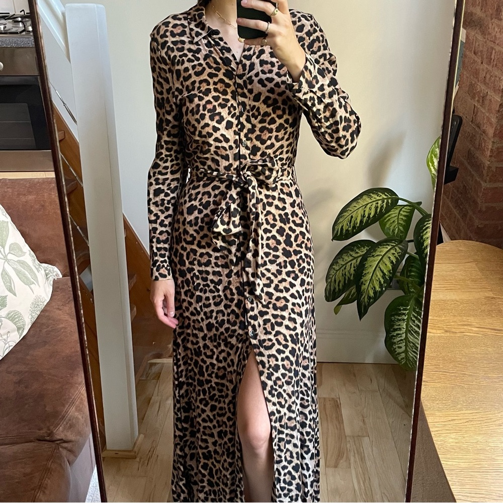 Zara leopard print maxi dress with buttons and tie